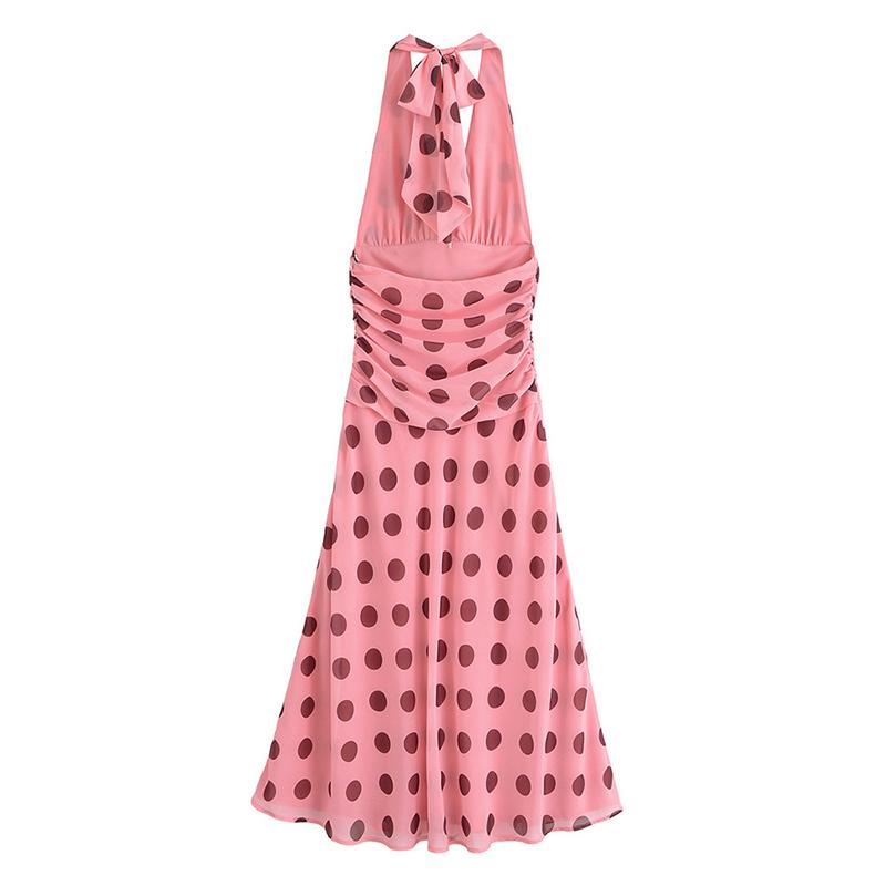 Chiffon Polka Dot Print Sommerkleid Damen 2026 Neu Sexy Neckholder Rückenfrei Langes Kleid Skinny Faltenkleid Strand Abendkleider
