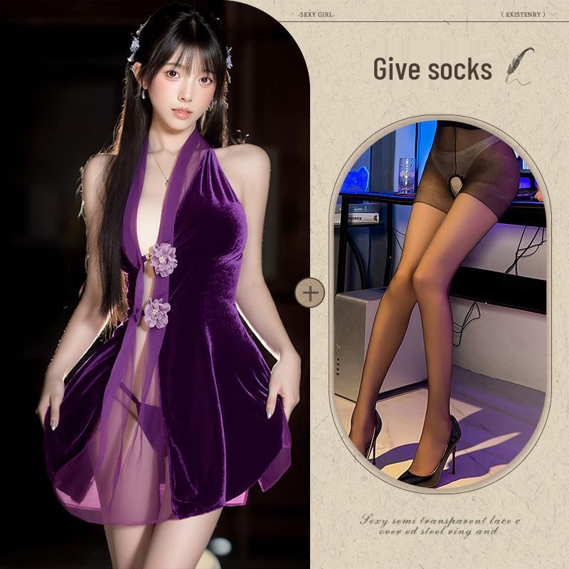 Fairy Purple Velvet Cheongsam Lingerie Set - Tempting, See-Through, Removable Small Chest Pajamas