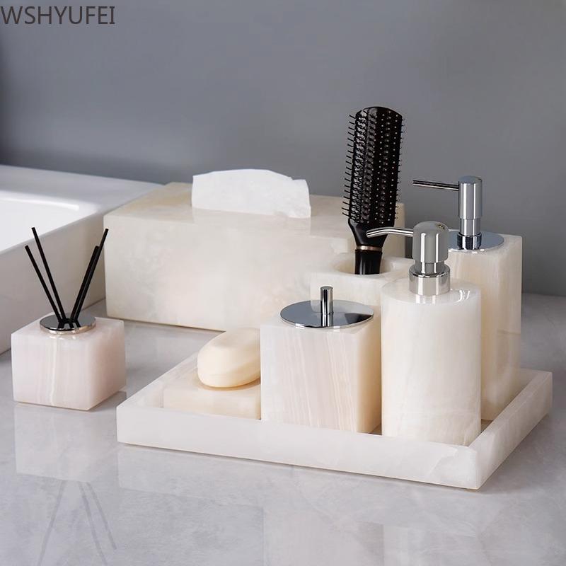 Light Luxury White Jade Stone Home Bathroom Wash Suit Bathroom Supplies Brush Tooth Cup Soap Bottle Soap Dish Toothbrush Holder