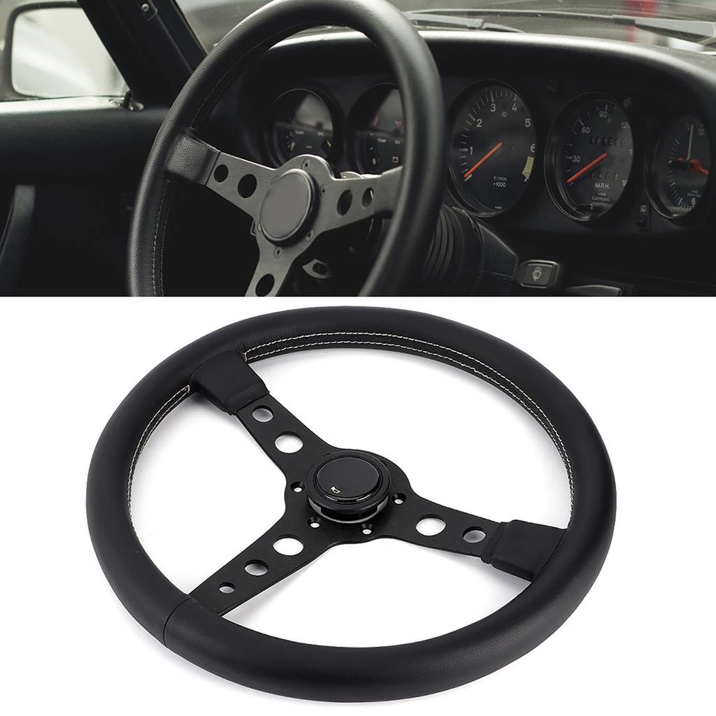 350mm 14in for MOMO Prototipo Style 6‑Bolt Black Leather Racing Steering Wheel Gray Stitching with Horn Button