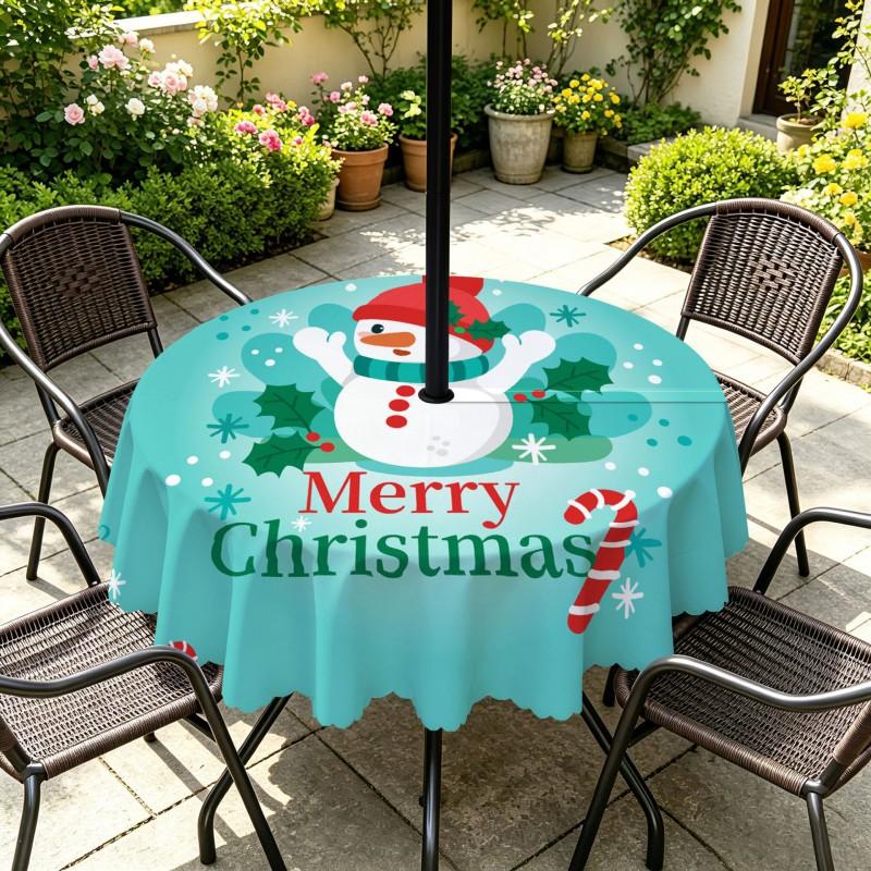 Outdoor Christmas Tablecloth Round Waterproof Oil-Resistant Patio Table Cover Garden Deck Umbrella Hole