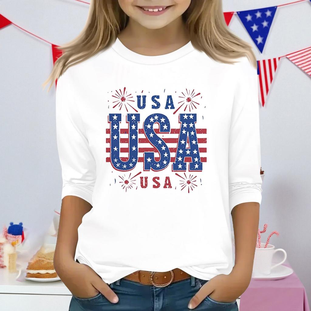 Druckoberteile für junge Mädchen 3-10 Jahre Rundhals 3/4-Ärmel T-Shirts Trendige Oberteile Outfit T-Shirts