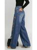 Damen Jeans mit Hoher Taille und Weitem Bein Blaue Denim Goldene Ösen Cutout Dekor Lockerer Schnitt Streetwear Lässig Y2K Denim Hose