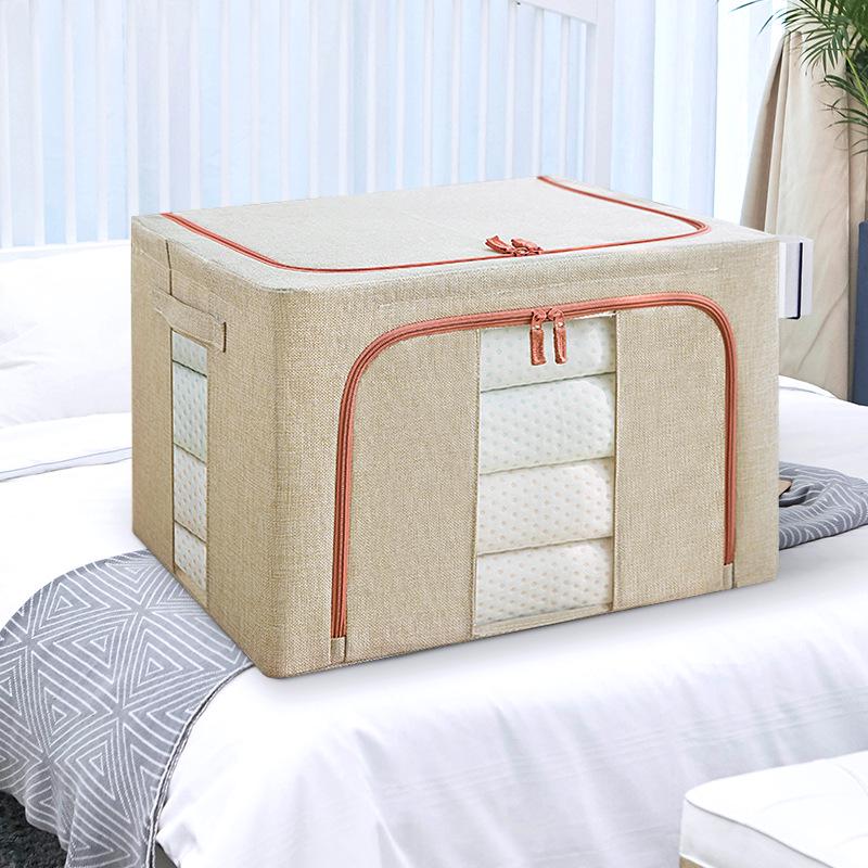 Large Capacity Foldable Storage Box, Cotton Linen Organizer with Steel Frame for Home Quilts and Clothes