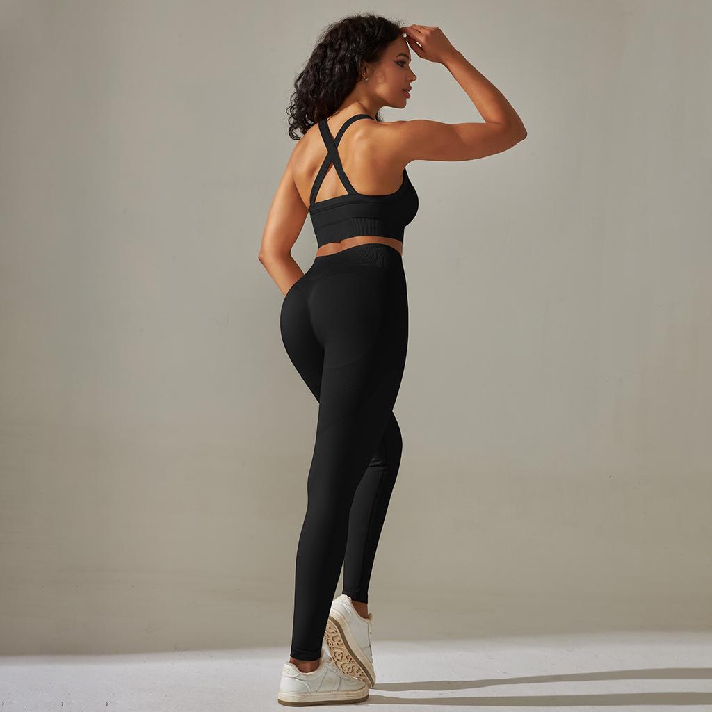 Seamless Knitted Solid Color Cross Back Tight Yoga Suit Set For Sports Running And Fitness Nine Leg Pants