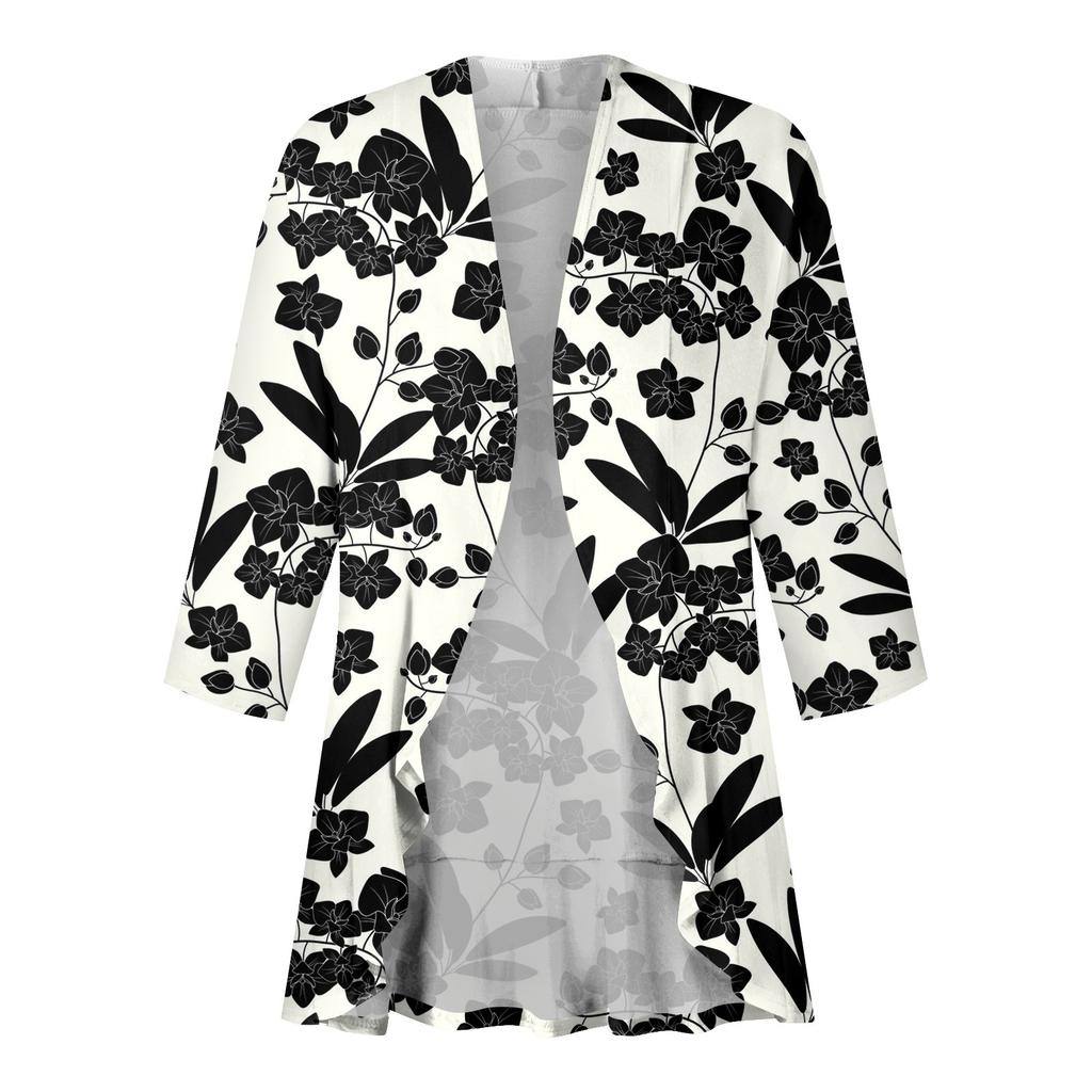 Women's Light And Thin Coat, Three-quarter Sleeve Printed Ruffled Cardigan