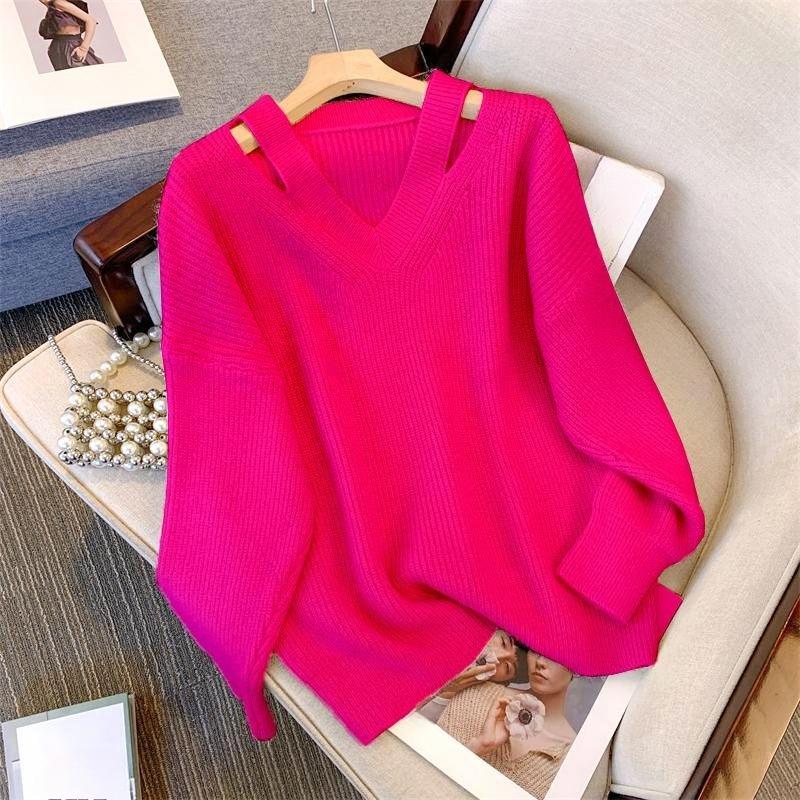 Women Lazy Style Loose Knit Pullover Off Shoulder V Neck Slant Neck Sweater Spring Autumn Plus Size