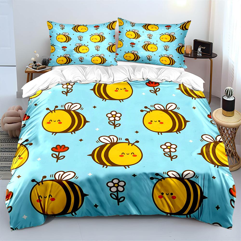 3Pcs Cute Bees And Flower Pattern Bedding Set 1 Duvet Cover 2 Pillowcases For Adult And Children Luxury Gift Full Size