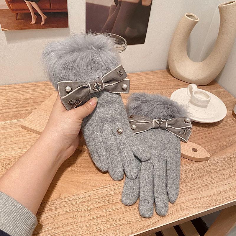 Cashmere Gloves Rabbit Hair Mouth Bow Cashmere Gloves Korean Fashion Woolen Cloth Warmth Riding Touch Screen Gloves A432