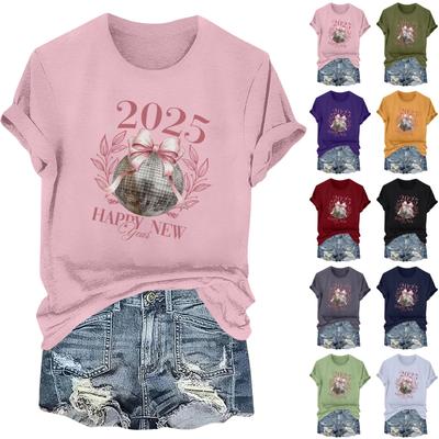 Camiseta de manga corta con cuello redondo y estampado de Año Nuevo 2025 para mujer