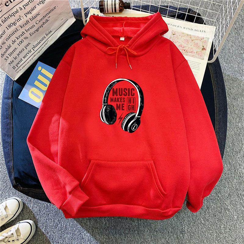 Ladies Spring Autumn Casual Sports Hooded Long Sleeve Big Pocket Headset Printed Pullover Hoodies Sweatshirt Top