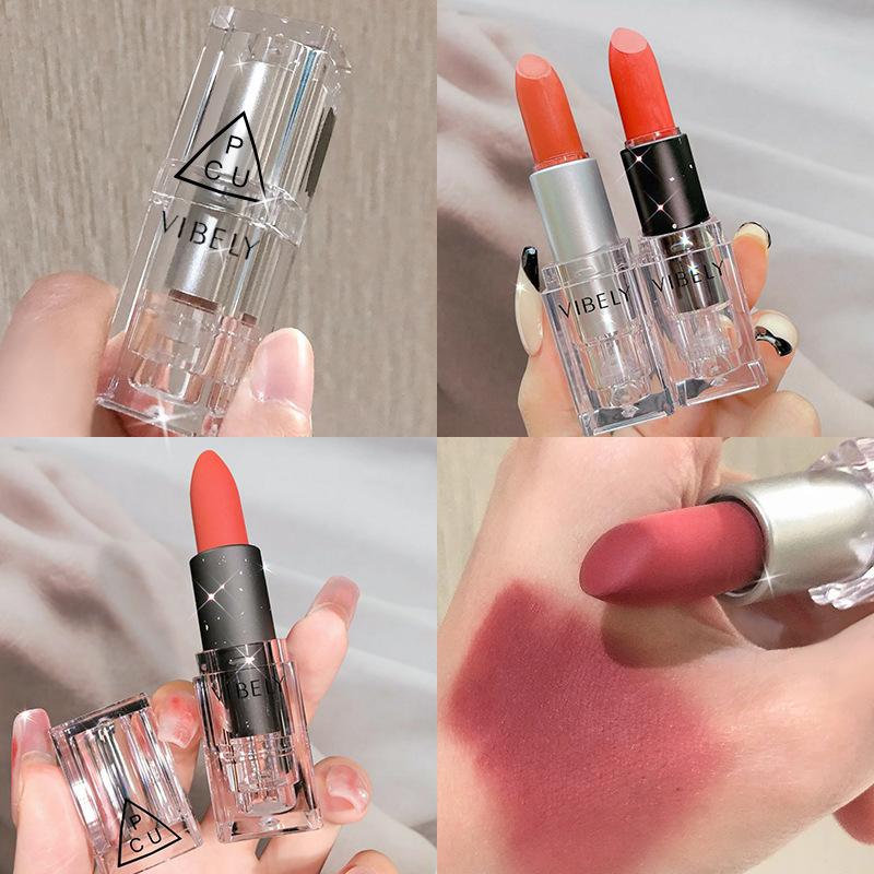 VIBELY transparentní stříbrná matná sametová rtěnka pigmentovaná voděodolná rtěnka Small Ice Cube Shape Lip Makeup Lipstick