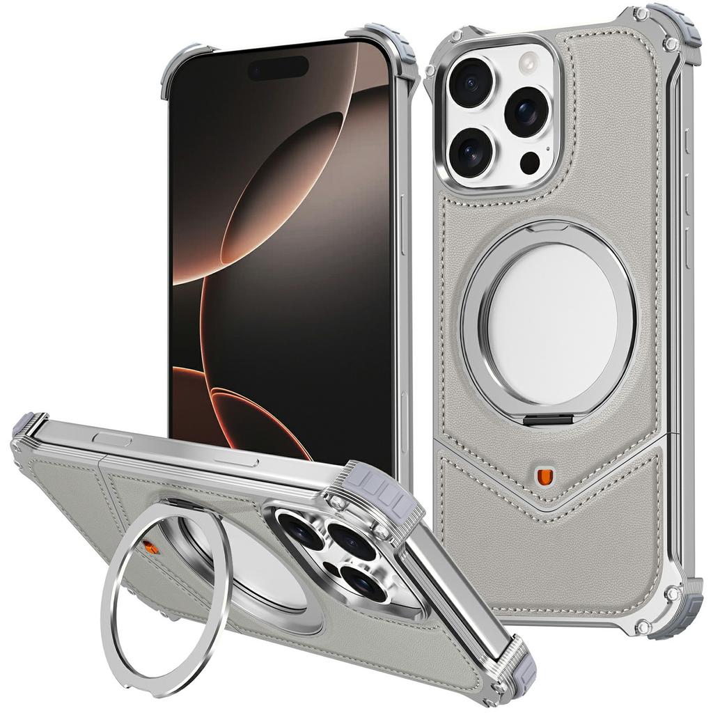 For iPhone 16 Pro Case PU Covered Metal Boardless Phone Back Cover with Kickstand