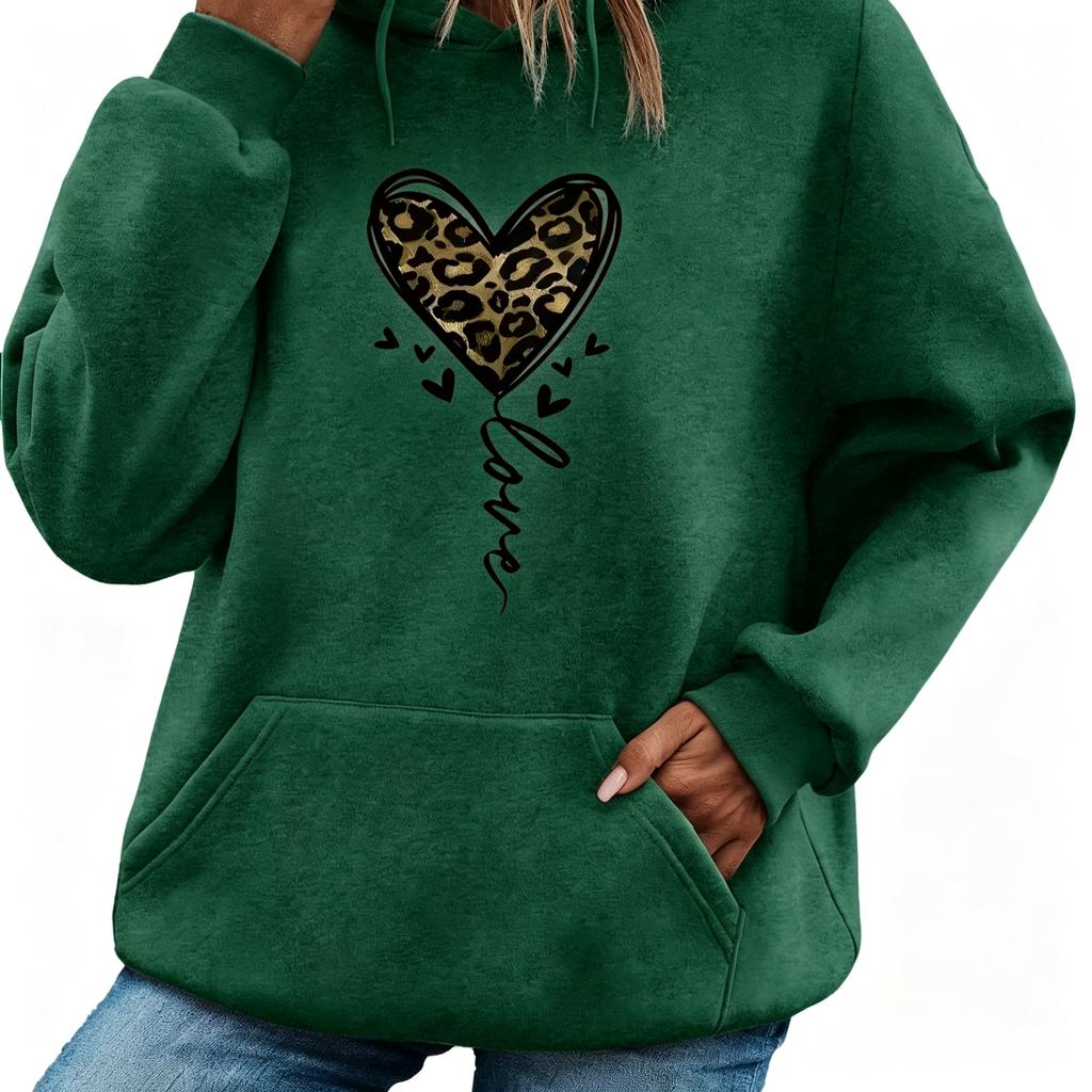 Sudadera con capucha de terciopelo para mujer, cálida, holgada, casual, con estampado de leopardo y patrón de corazón, manga larga, para otoño e invierno