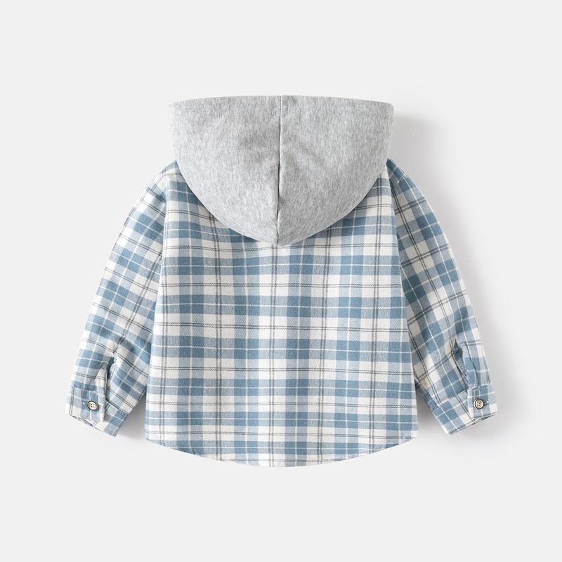 K-style Children's Clothing Spring and Autumn Boys' Long-Sleeved Shirt Kids Gingham Hooded Shirt Baby Boy Casual Long Sleeve Tops