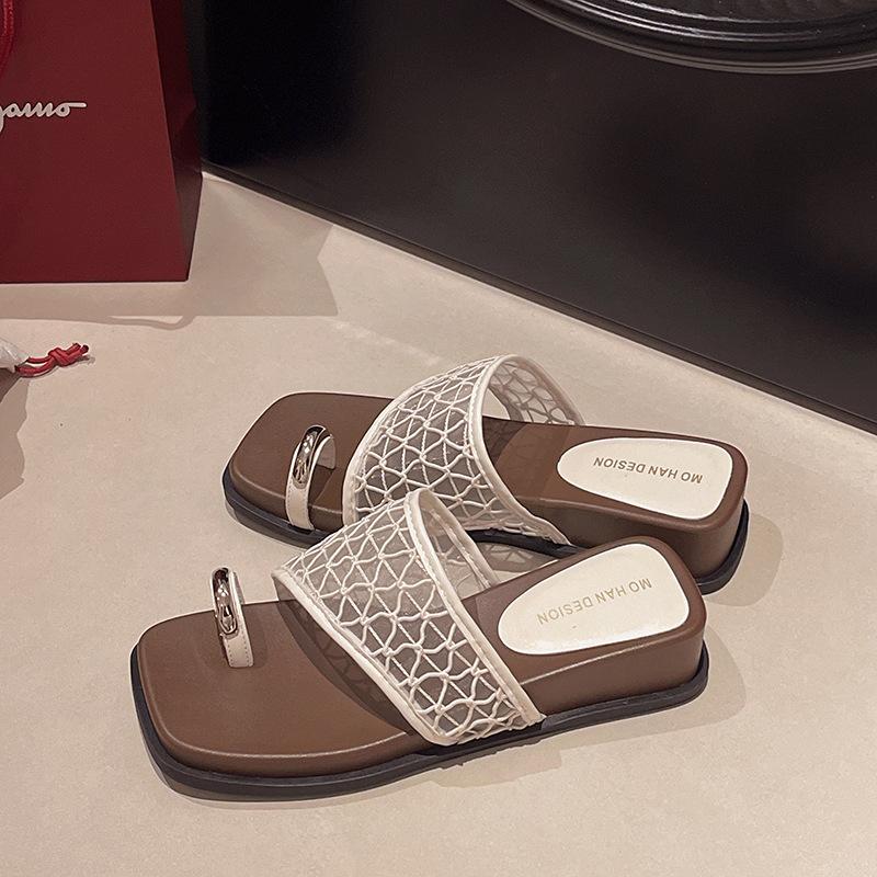 

2025 new French retro one-word slippers women s summer wear with skirts fashionable beach one-word slippers women 40