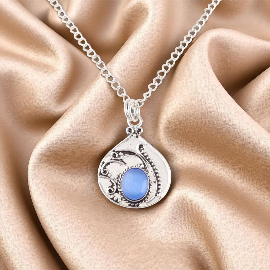 Dark Blue Cat's Eye Gemstone 925 Sterling Silver Jewelry Handmade Pendant 1.45" PP-27-39