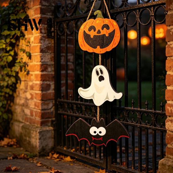 Funny Cartoon Party Wall Decorations Halloween Wooden Hanging Ornament, Jack-o'-Lantern Ghost Bat 3-Tier String Door Hanger, Cute Spooky Festival