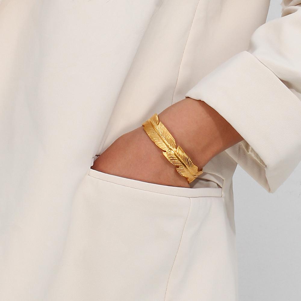 MamacitaSlay 316L Stainless Steel Feather Textured Open Cuff Bangle 18K Gold Plated Waterproof Jewelry For Women Everyday Wear