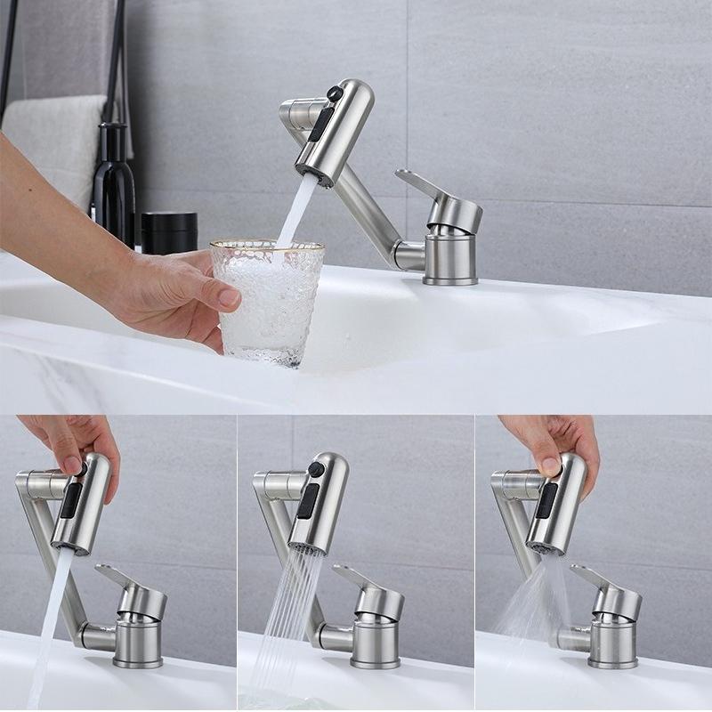 Foldable Bathroom Basin Faucet Stream Sprayer Hot Cold Water Tap Stainless Steel Mixer Wash Tap Aerator 360° Rotation Swing Arms