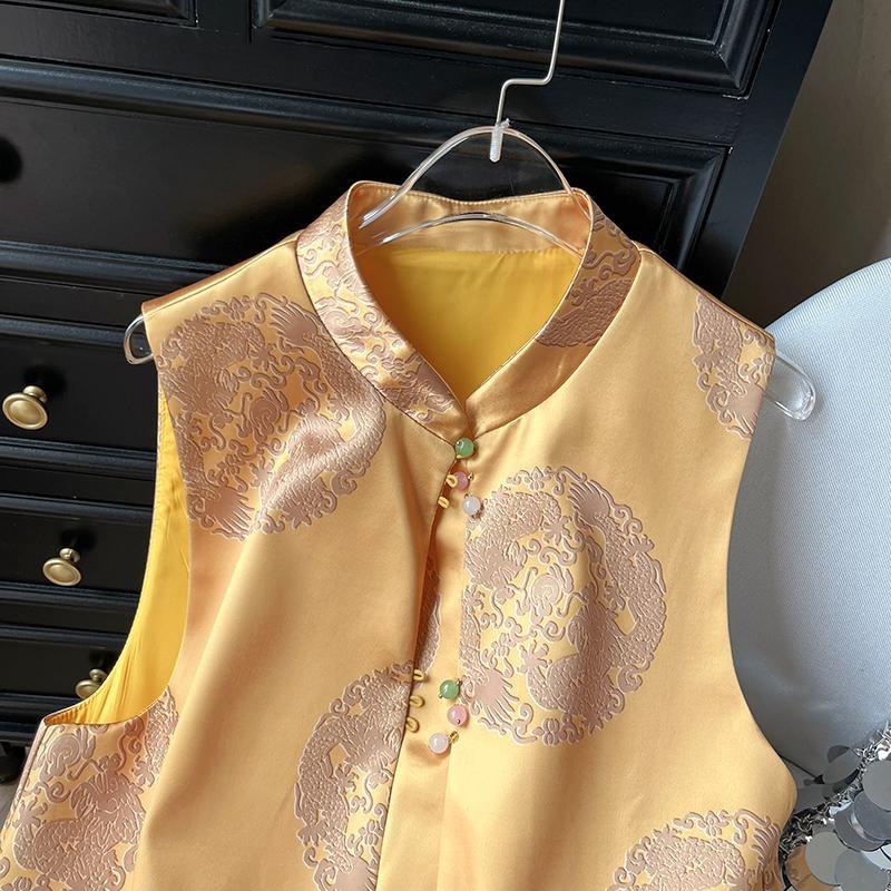 6503 Temperament Versatile Vest Vest Women's Spring Summer Disc Buckle Stand-up Collar Jacquard Versatile Vest Vest Vest