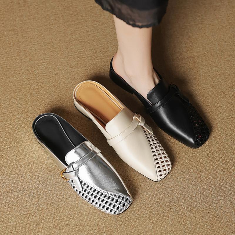 Fashion NEW Summer Women Mules Genuine Leather Shoes for Women Square Toe Chunky Heel Shoes Cover Toe Slingback Sandals Weave Slippers