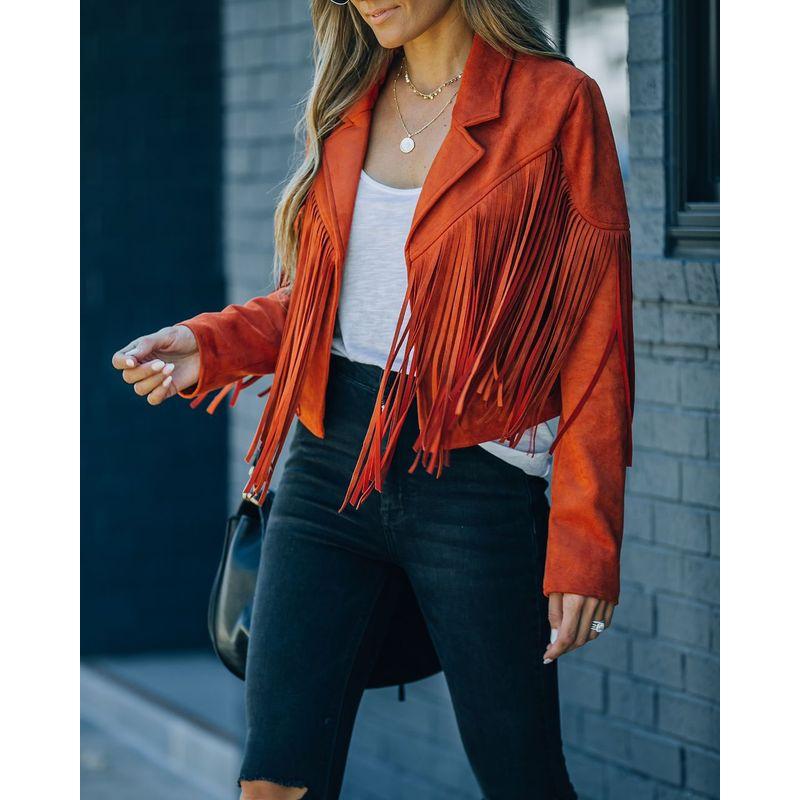 

Fashionable Frayed Top New Fall Women s Clothing Slim-Fit Top Long-Sleeved Printed Tassel Jacket Rust L