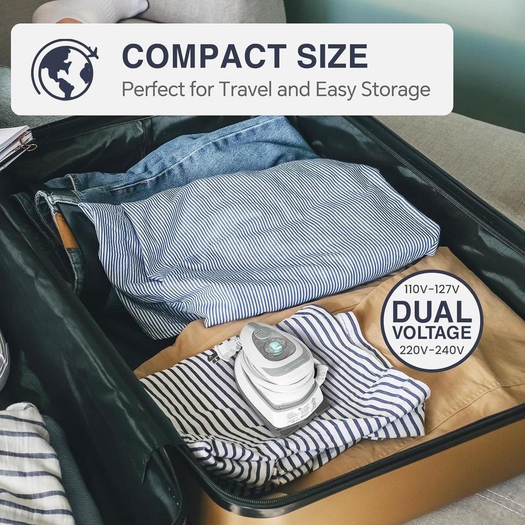 Mini-Reisedampfbügeleisen, Dualspannung, Temperaturregelung, Antihaftbeschichtete Bügelsohle, Kabelaufwicklung – Perfekt zum Nähen & Basteln