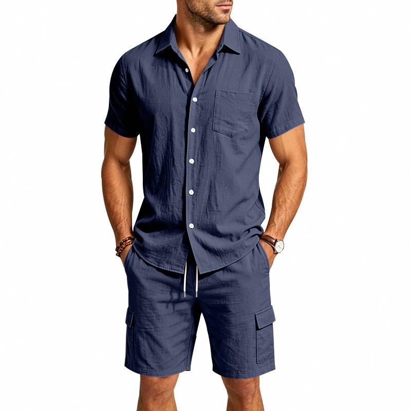 Men's Summer Linen Lapel Casual Shirt & Shorts Set: Breathable Cotton Two-Piece Workwear
