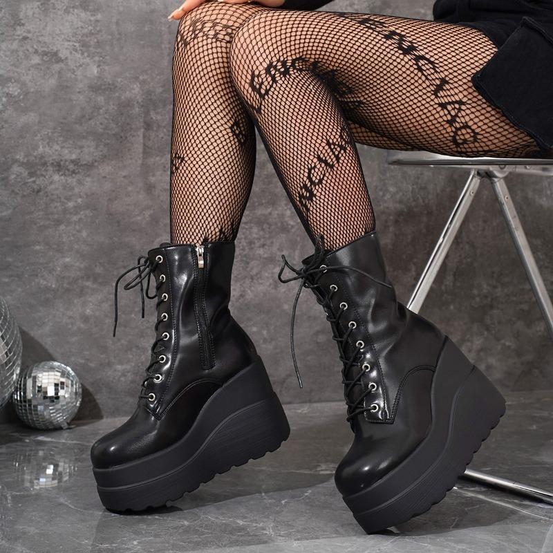 Fashion Women's Slope Heel Single Boots Spring New Round Head Front Strap Waterproof Platform Anti-slip Wear-resistant Short Shoes