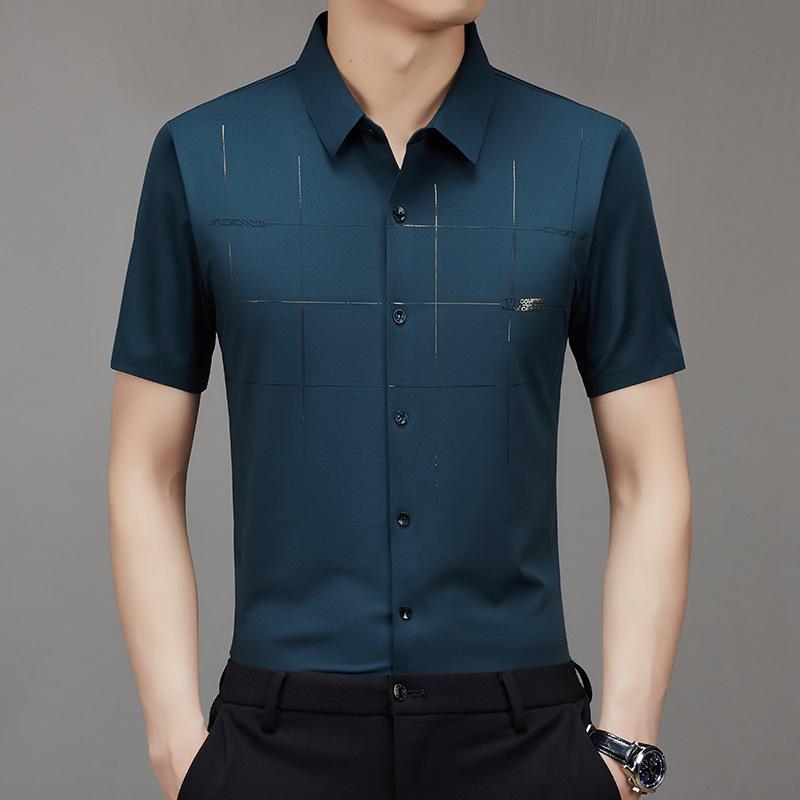 

Мужская летняя эластичная рубашка с коротким рукавом из ледяного шелка - Бесшовная, Не требующая глажки, Отложной воротник, Повседневный крой Medium