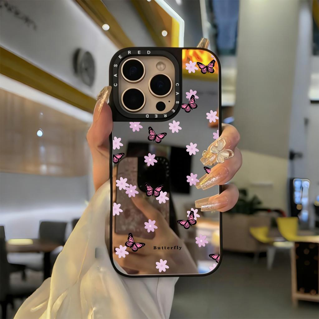 Pink butterfly floral printed mirror phone case suitable for iPhone 17 16 15 14 13 12 11 Pro/Max/Plus anti drop and shockproof