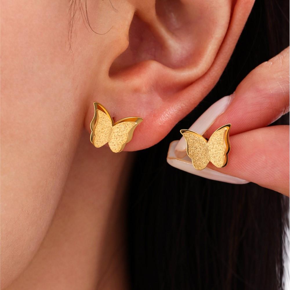 Butterfly Stud Earring Rings Necklace In 18k Gold Plated Stainless Steel Chain Necklaces Matching Ring Ear Studs For Women