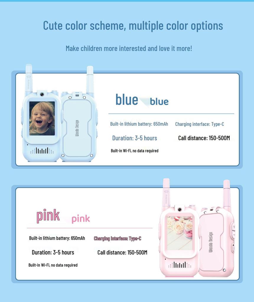 Interfone de Vídeo Sem Fio HD de Longo Alcance para Crianças com Tela Colorida