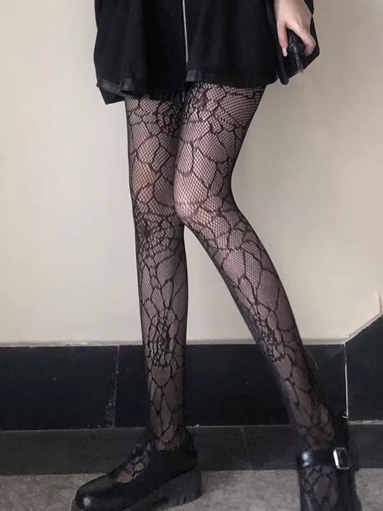 Gothic Punk Style Spicy Girls Fishnet Stockings for Women's Summer Sexy Hollow Out Spider Web Tights Black Transparent Pantyhose