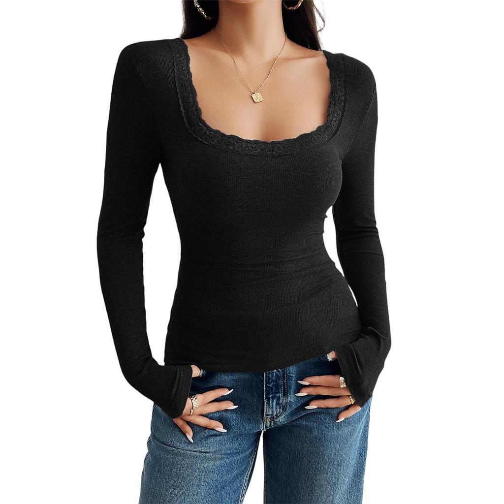 Women's Casual Slim Fit Threaded U Neck Lace Long Sleeve T-Shirt