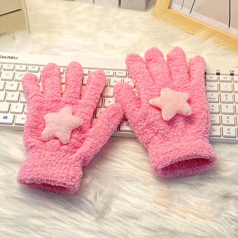 Women Coral Velvet Gloves Outdoor Warmer Soft Cartoon Star Cute Plush Cycling Solid Winter