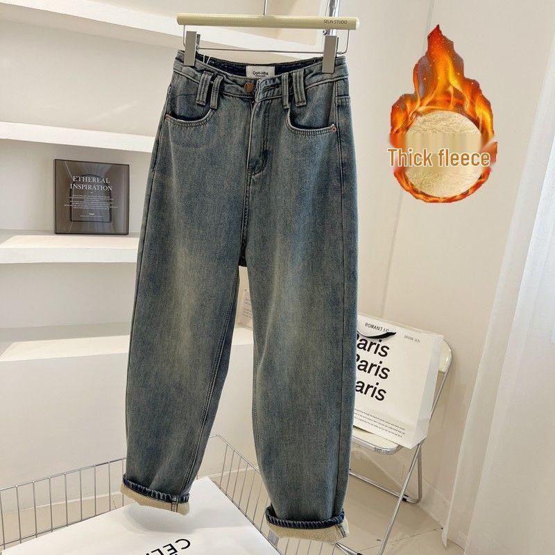 

Женские джинсы большого размера с флисовой подкладкой, с высокой посадкой, синие - Зимние утягивающие прямые брюки-гаремы 2XL