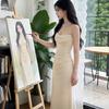 Sexy royal sister style solid color off-the-shoulder pleated suspender dress slim-fitting high-waisted hip-wrapped long dress women's summer wholesale