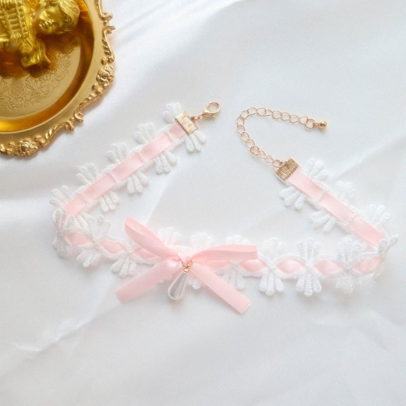 Elegant Lace Collar Necklace Maid Neck Collar Bowknot Lace Choker Necklace Chain Choker Suitable for Cosplay and Parties