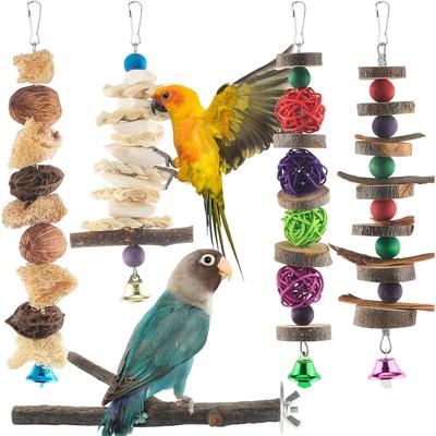 Bird Chew Toys, 5 Packs Parakeet Natural Wood Toys Parrot Hanging Cage Toy Bird Perch Stand for Small Bird Conure Cockatiel Parrotlet Lovebird Budgie