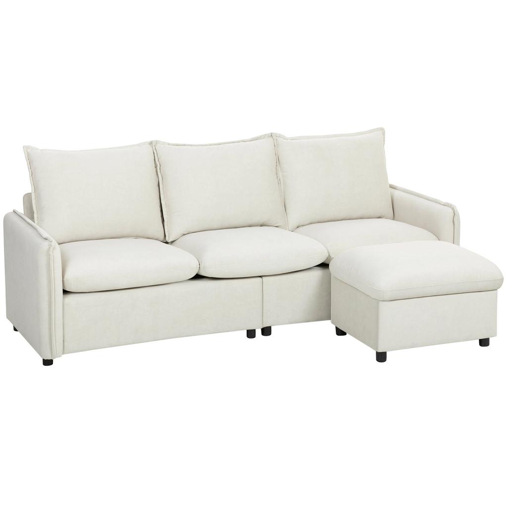 3-Seater Modular Corner Sofa In Breathable Leather-Effect Fabric with Footstool Storage, Cushions, Cream