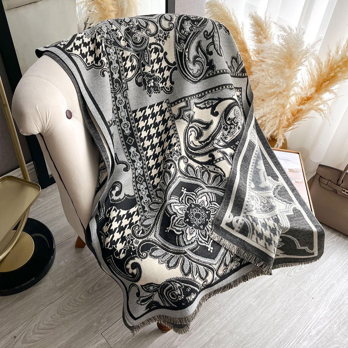 

Классический шарф из имитации кашемира с узором «Гусиная лапка», женский зимний утолщенный двусторонний шарф-шаль для кондиционера, женский 185x65cm чёрный