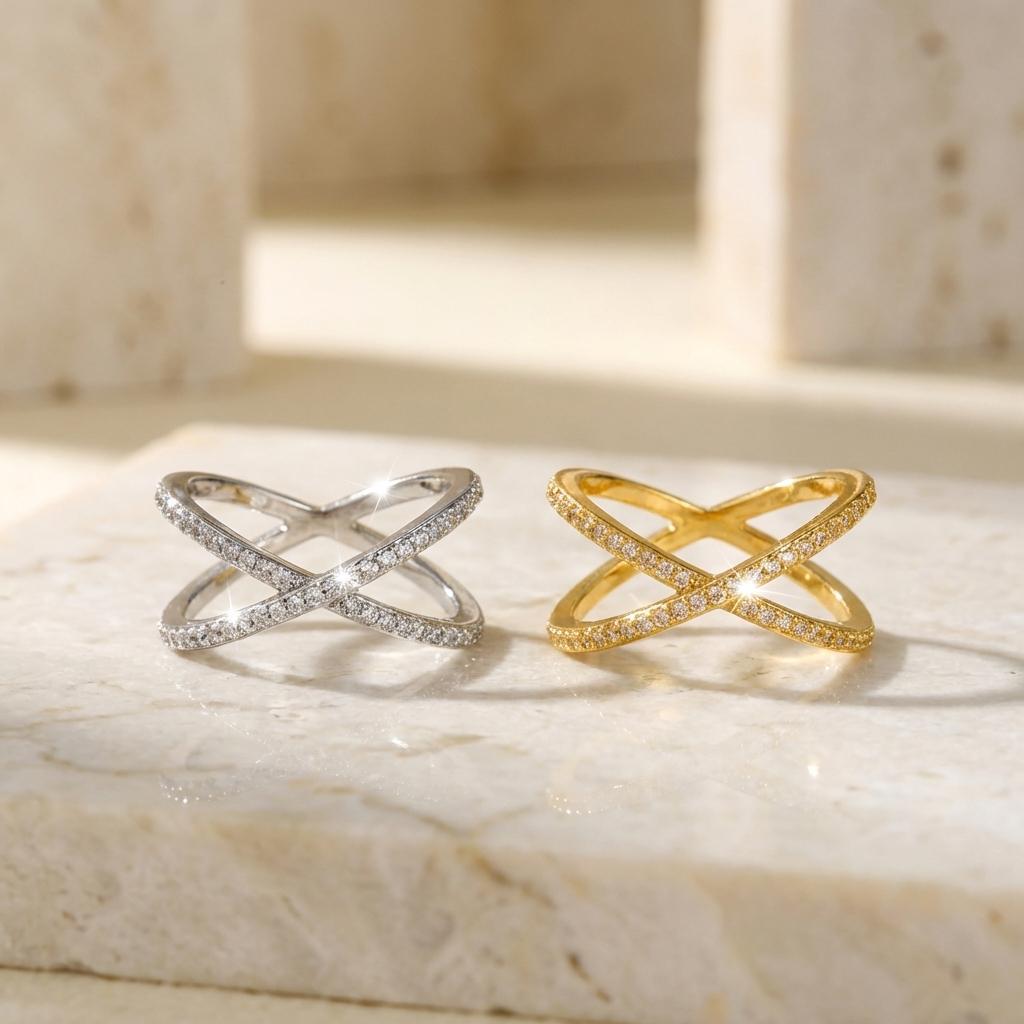 Modern Criss Cross Ring for Women Delicate Brass Zircon X Shape Wide Paved Band Geometric Statement Breathable Jewelry