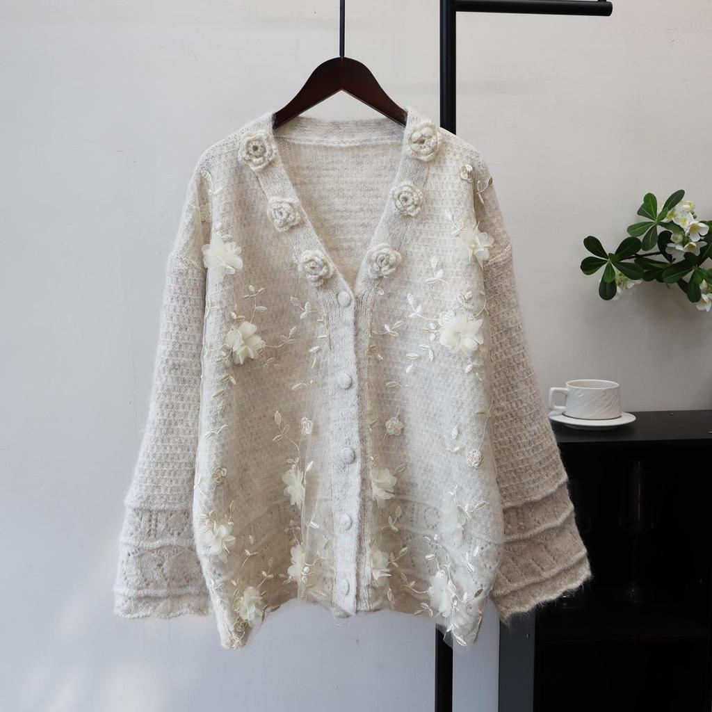 2025 A/W Korean Loose Patchwork Lace Knit Cardigan with 3D Floral Design for Women
