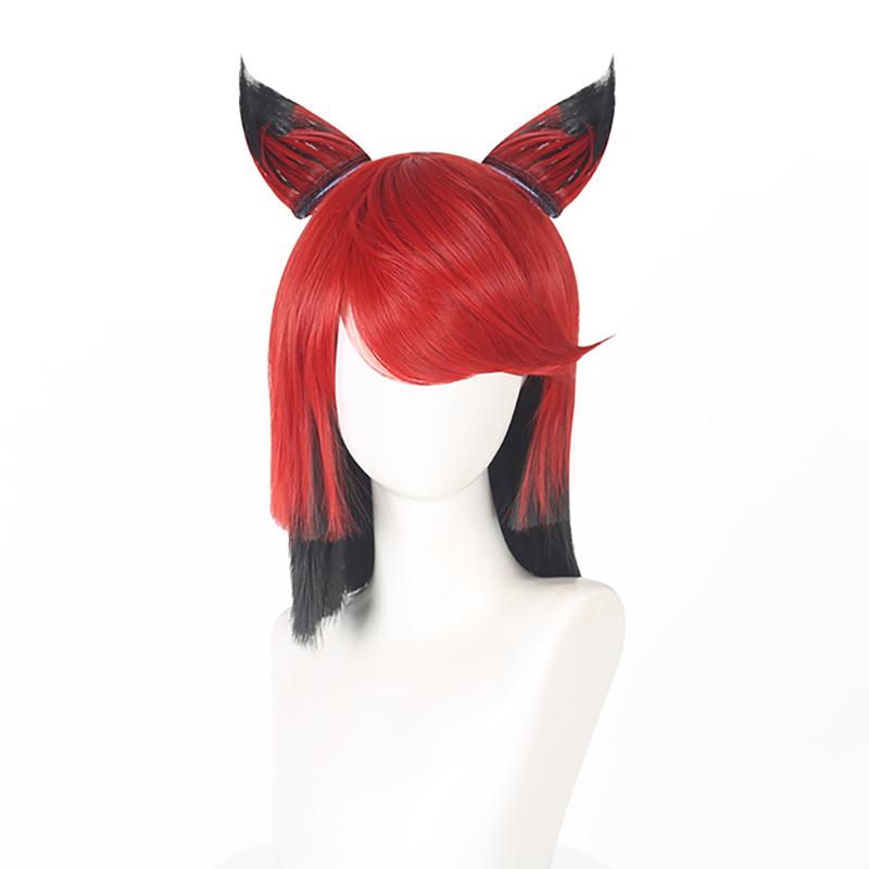 Peruca de Cosplay Alastor O Demônio do Rádio Personagem de Hazbin Hotel Cabelo Vermelho-Cinzento Preciso com Antena de Orelha