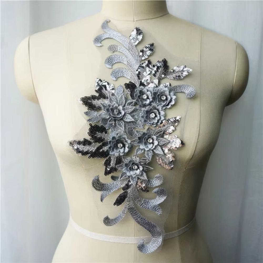 3D Flowers Wedding Gown Appliques DIY Lace Appliques Appliques Embroidery Sew Patch серый