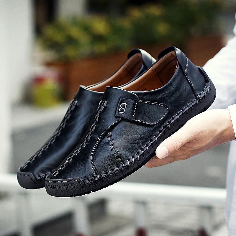 2025 Autumn Leather Beanie Shoes Men's British Board Shoes Large Size Leather Shoes Non-slip Overshoes Stitching Pure Leather