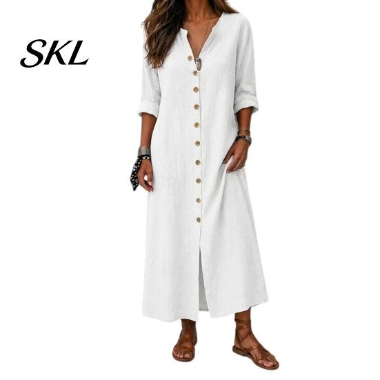 Beach Dress Women Women's Summer Button Down Long Dress, Casual Loose V Retro Style Neck Tunic Roll Up Sleeve Vacation Lounge Outfits Solid Color