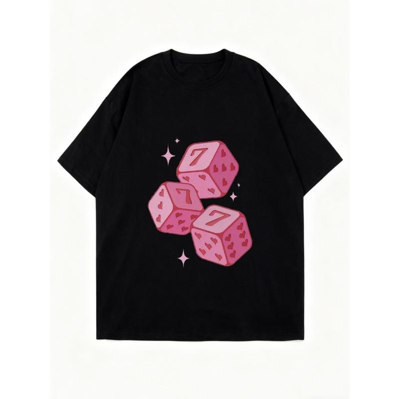 Übergroßes T-Shirt Schwarz Pink Würfelmuster Lässig Streetwear Mode Damen Sommer Top